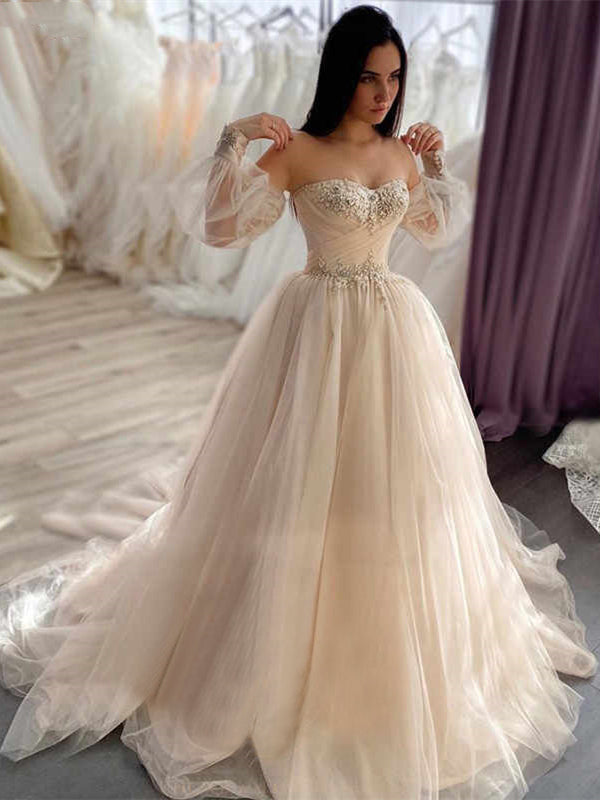 Sweetheart Detachable Tulle Wedding Dresses, A-line Wedding Dresses, Bridal Gown, 2021 Wedding Dresses