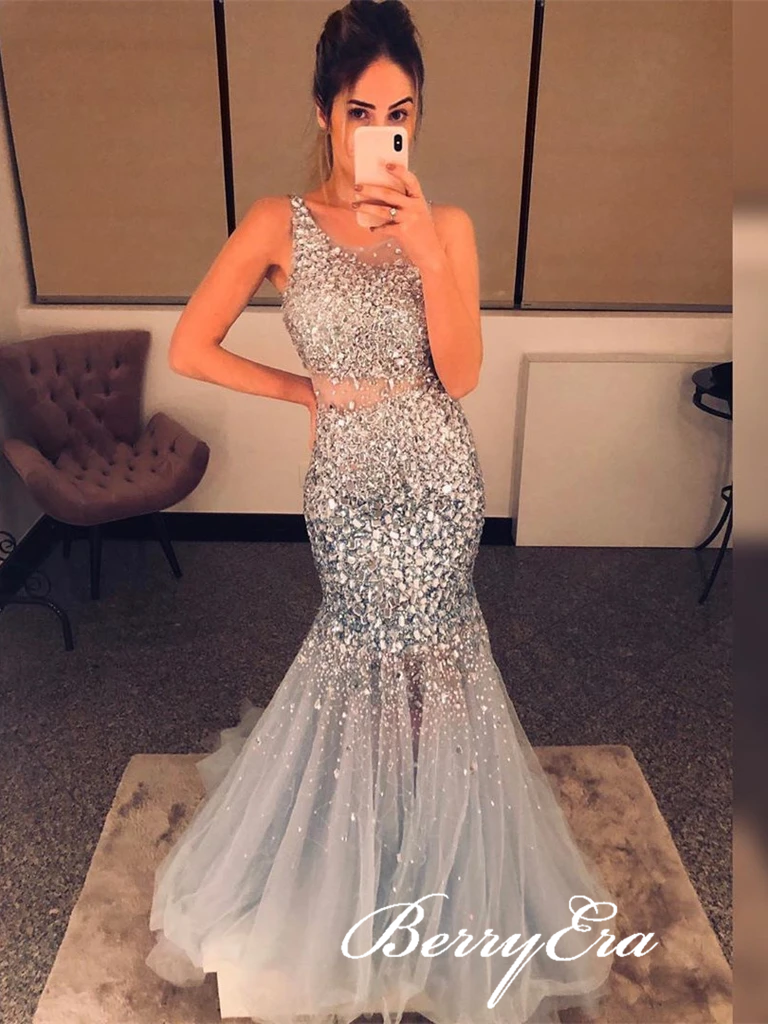 Light Grey Rhinestone Beaded Long Mermaid Prom Dresses, Sparkle Long Prom Dresses, Luxury Prom Dresses