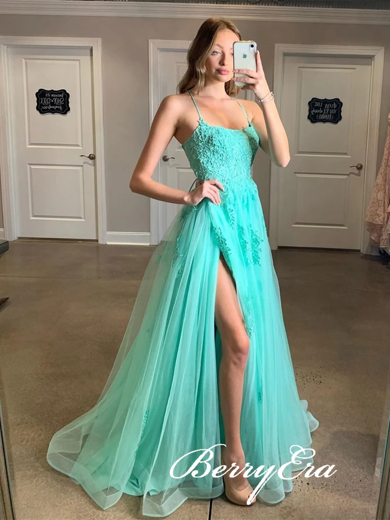 Spaghetti Long A-line Lace Tulle Prom Dresses, Side Slit Prom Dresses, Long Prom Dresses