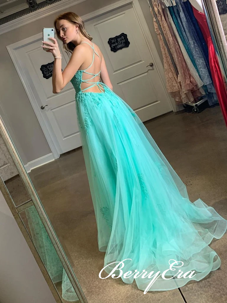 Spaghetti Long A-line Lace Tulle Prom Dresses, Side Slit Prom Dresses, Long Prom Dresses