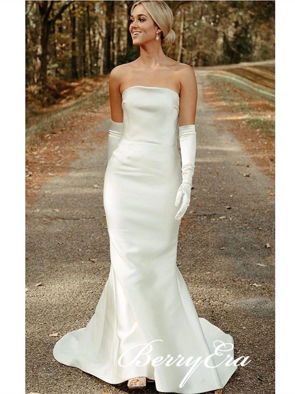 Strapless Long Mermaid Ivory Satin Wedding Gown With Gloves, Simple Elegant Wedding Dresses