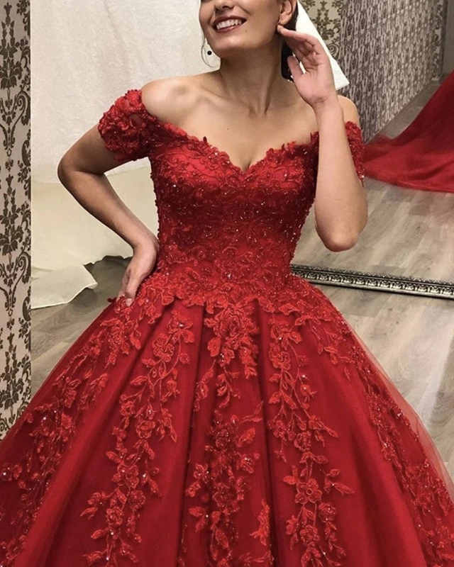 Red Off Shoulder Red Lace Tulle Prom Dresses, Appliques Beaded Long Prom Dresses