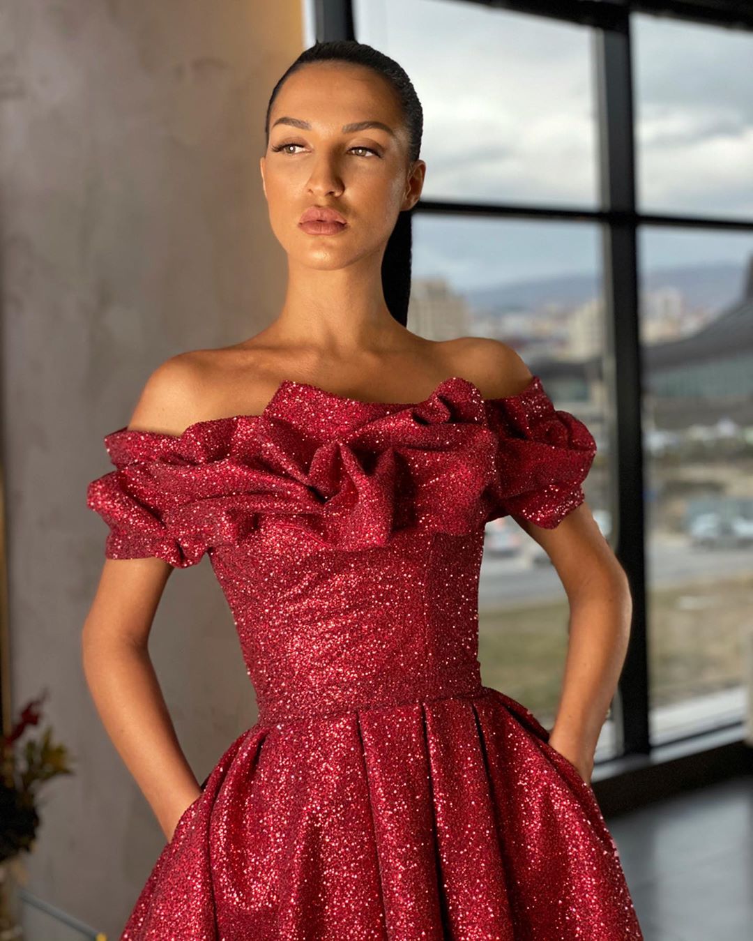 Off Shoulder Long A-line Red Sequin Prom Dresses, High Slit Prom Dresses, 2020 Prom Dresses