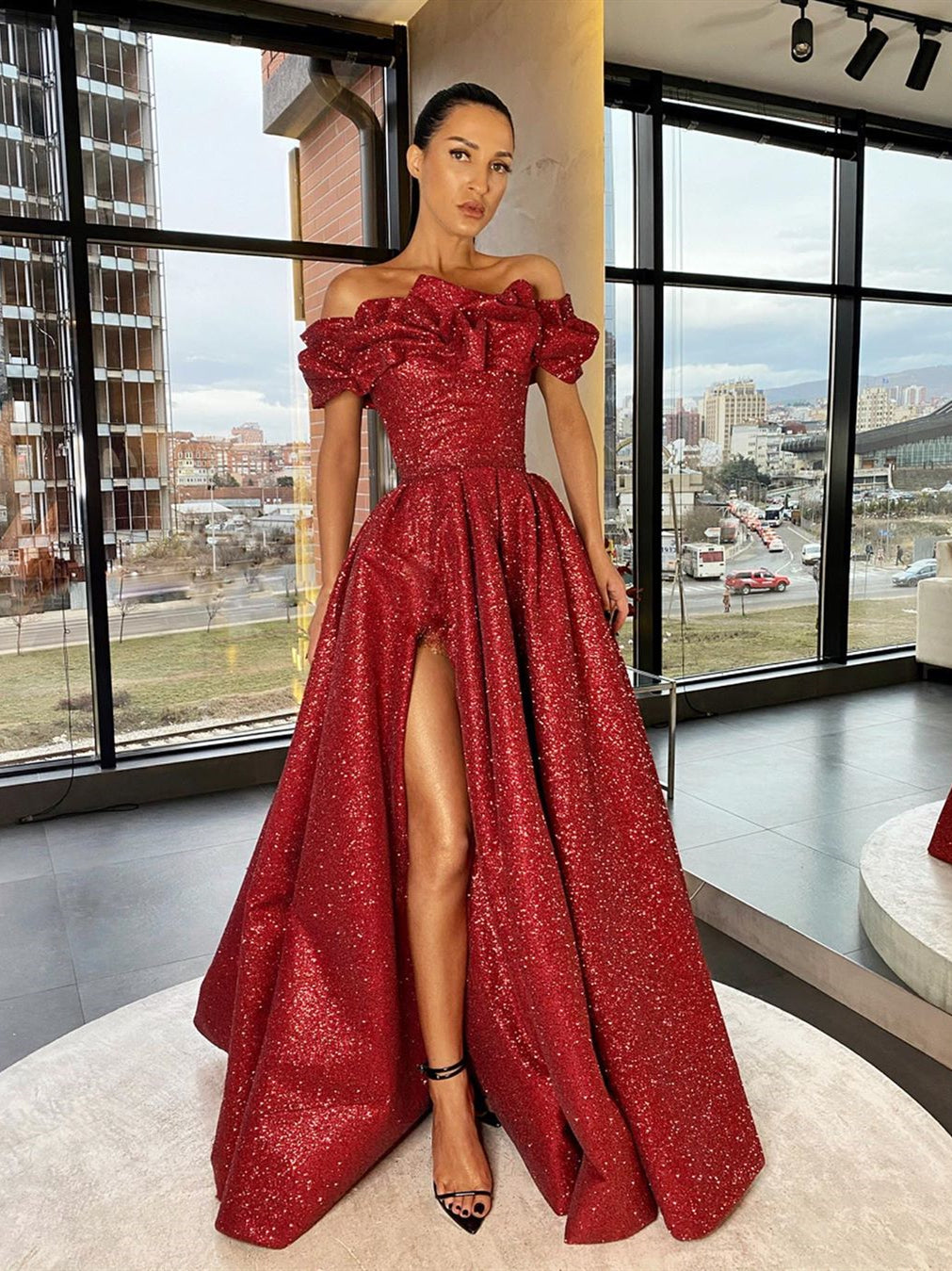 Off Shoulder Long A-line Red Sequin Prom Dresses, High Slit Prom Dresses, 2020 Prom Dresses