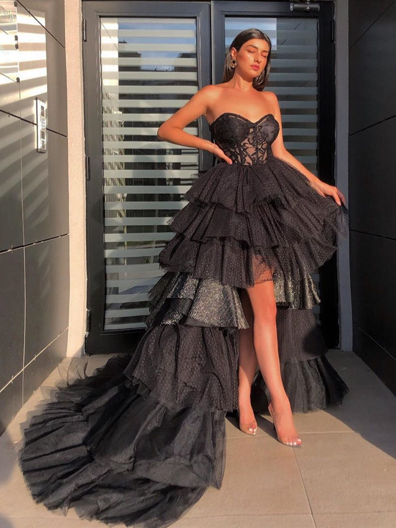 Sweetheart Long Black Tulle Lace Prom Dresses, Hi-low Prom Dresses, Chic 2020 Prom Dresses