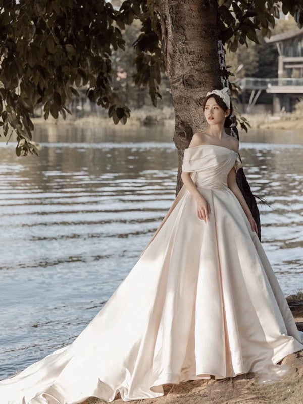 A-line Luxury Satin Wedding Dresses 2021, Quality Off Shoulder Bridal Gowns