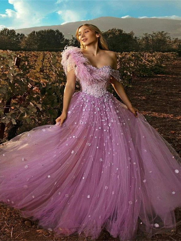 One Shoulder Feather Lace Appliques Prom Dresses, Quinceanera Dresses, A-line 2021 Prom Dresses