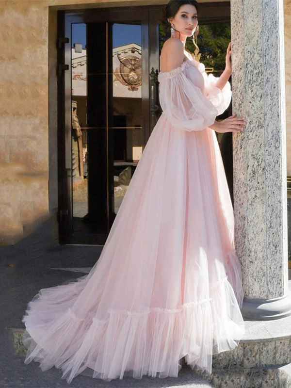 Off The Shoulder Tulle A Line Long Prom Dresses, 2021 Newest Prom Dresses, Quinceanera Dresses