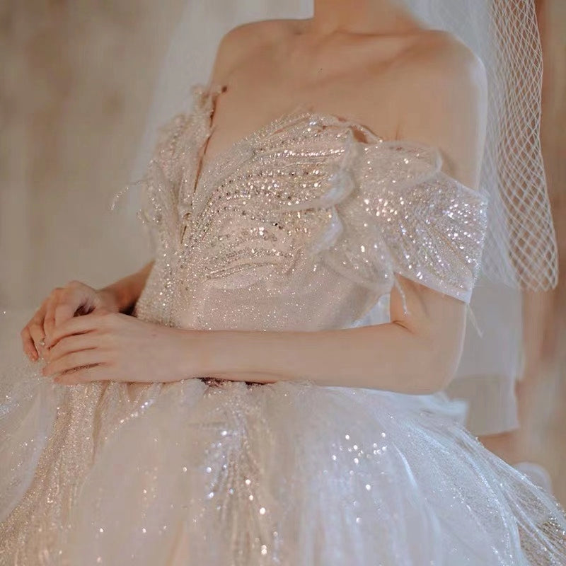Luxury 2021 Fashion Bridal Gowns, Off The Shoulder Wedding Dresses, Shiny Wedding Dresses