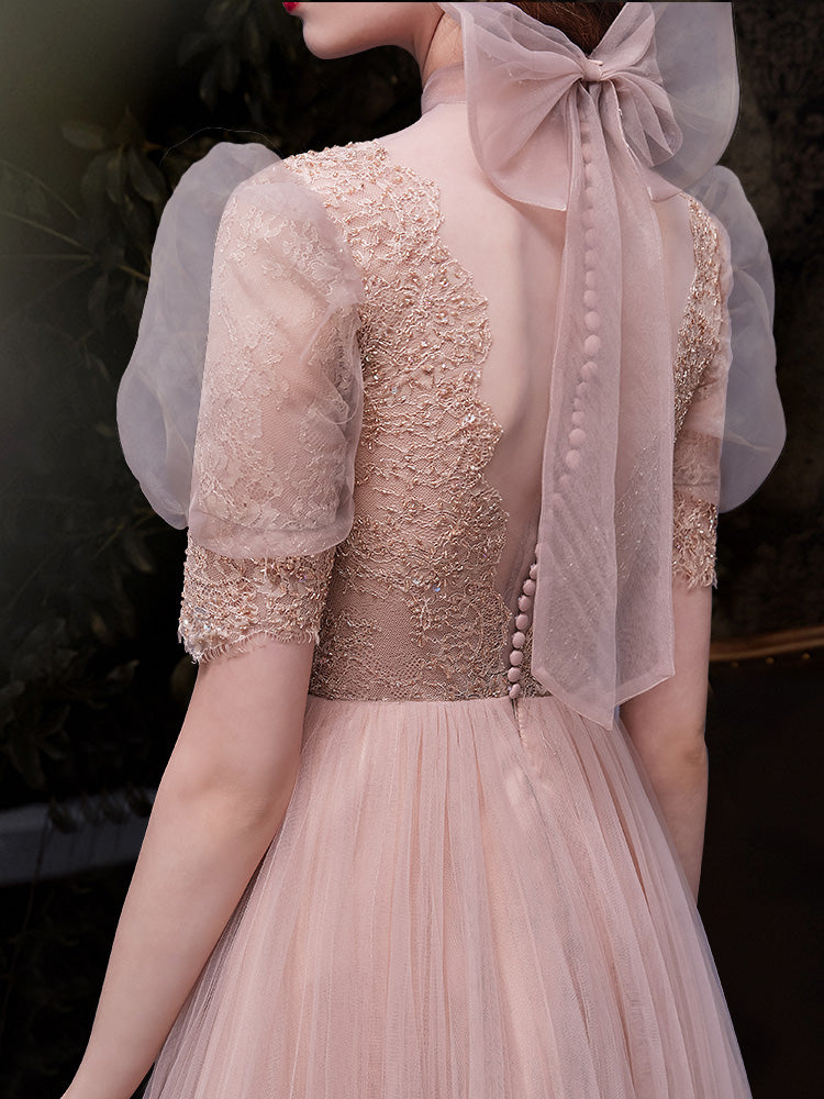 Nude Pink Lace Prom Dresses, Bubble Sleeved Prom Dresses, Popular 2021 Prom Dresses