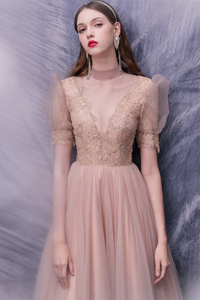 Nude Pink Lace Prom Dresses, Bubble Sleeved Prom Dresses, Popular 2021 Prom Dresses