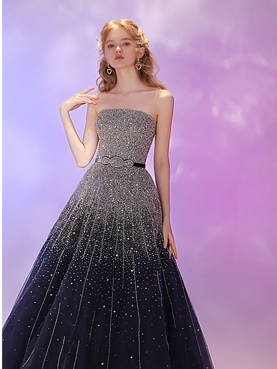 Strapless Beaded Prom Dresses, A-line Prom Dresses, Stary Light Prom Dresses, 2021 Prom Dresses