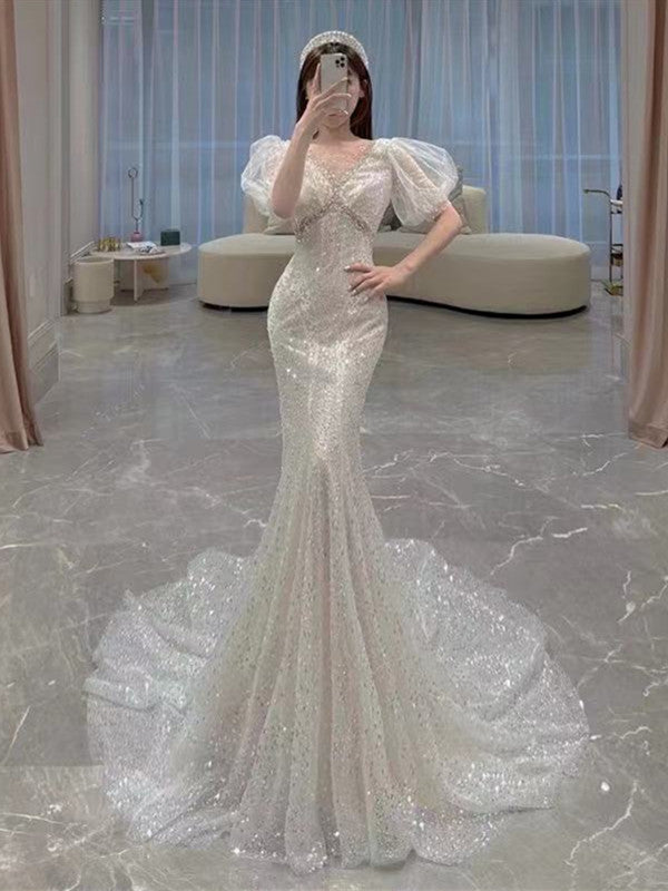Sequins Shiny Mermaid Wedding Dresses, Popular Wedding Dresses, Elegant Wedding Dresses