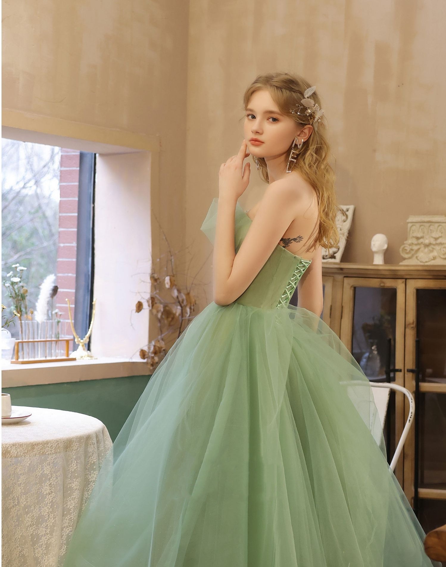 Sweetheart Long Green Tulle Prom Dresses, A-line Prom Dresses, Lovely Newest 2021 Prom Dresses