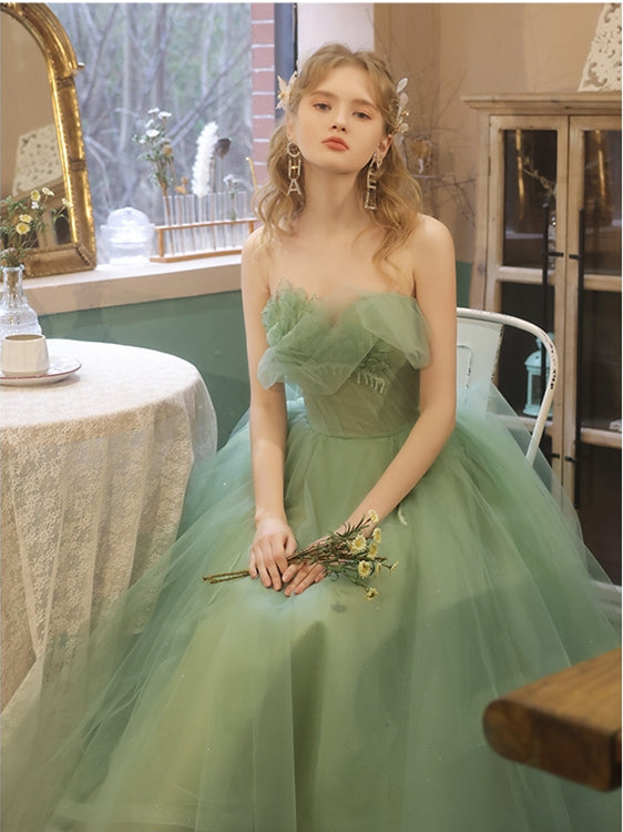 Sweetheart Long Green Tulle Prom Dresses, A-line Prom Dresses, Lovely Newest 2021 Prom Dresses