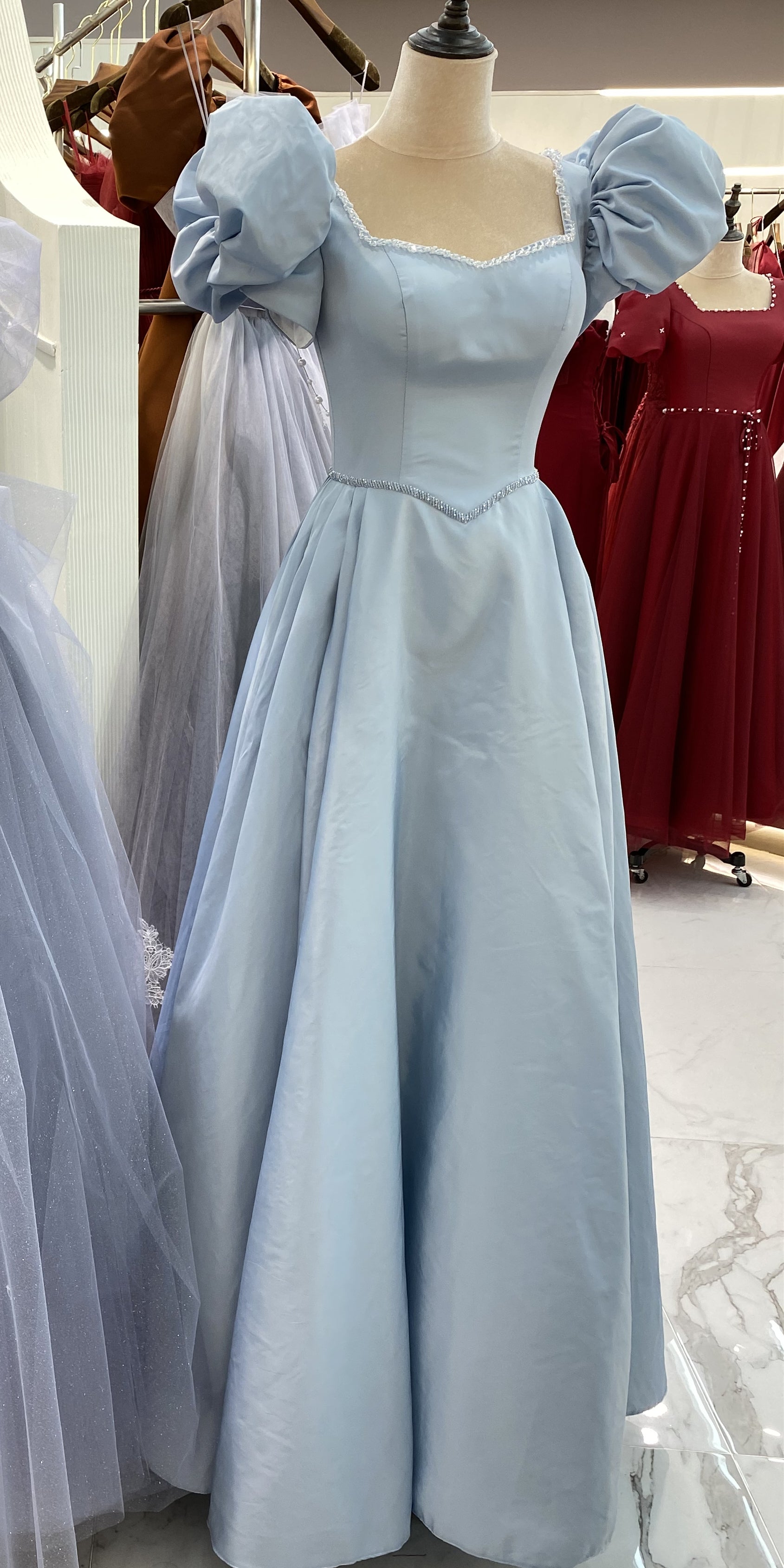 Square Neckline Dusty Blue Satin Prom Dresses, Bubble Sleeves Prom Dresses, A-line Prom Dresses, 2021 Prom Dresses