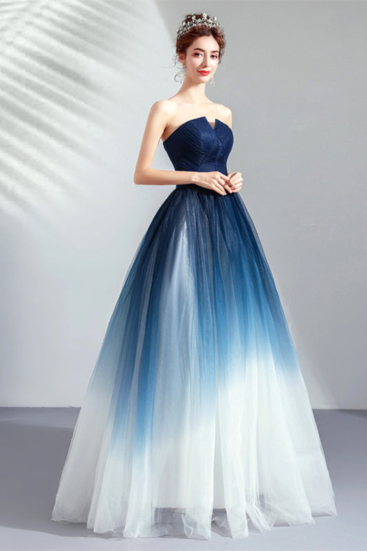 Strapless Gradiet Blue-White Prom Dresses, A-line Prom Dresses, Lovely Formal 2021 Prom Dresses