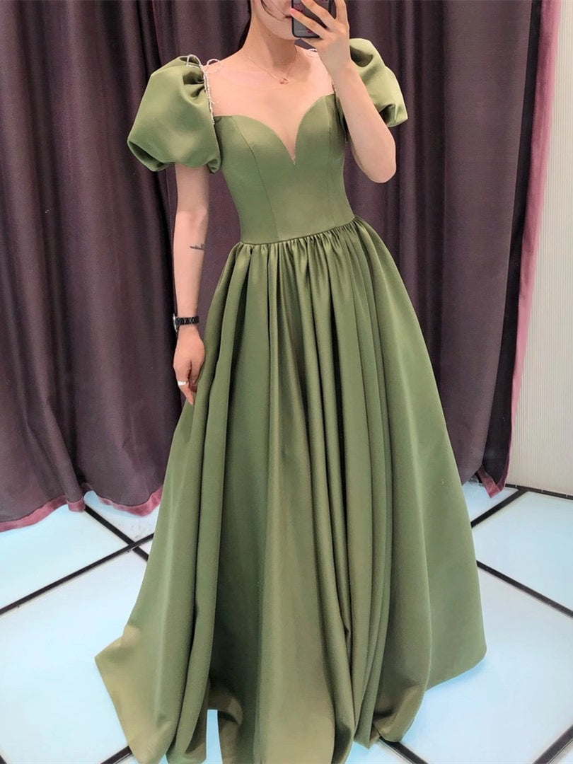 Gorgeous Bubble Sleeve Green Satin Long Prom Dresses, Formal Dresses, 2021 Prom Dresses