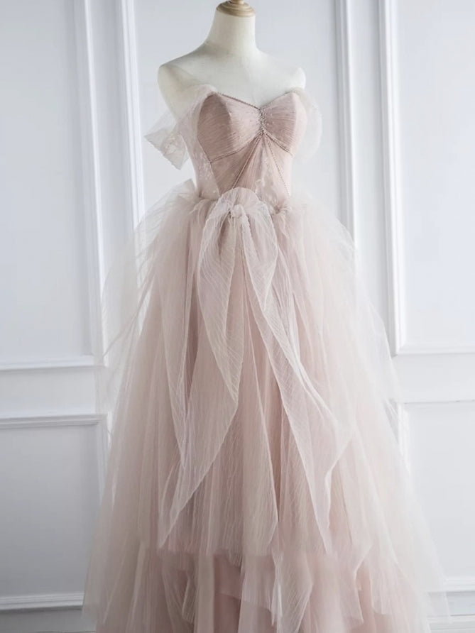 Off the Shoulder Pink Tulle Beaded A-line Prom Dresses, Lovely Prom Dresses, Sweet 16 Dresses, 2021 Prom Dresses