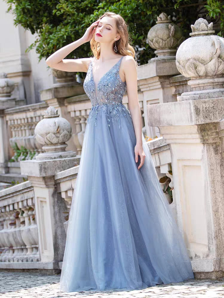 V-neck Dusty Blue Beaded Tulle Prom Dresses, A-line Prom Dresses, Newest Prom Dresses, Popular Prom Dresses, 2021 Prom Dresses, UB210