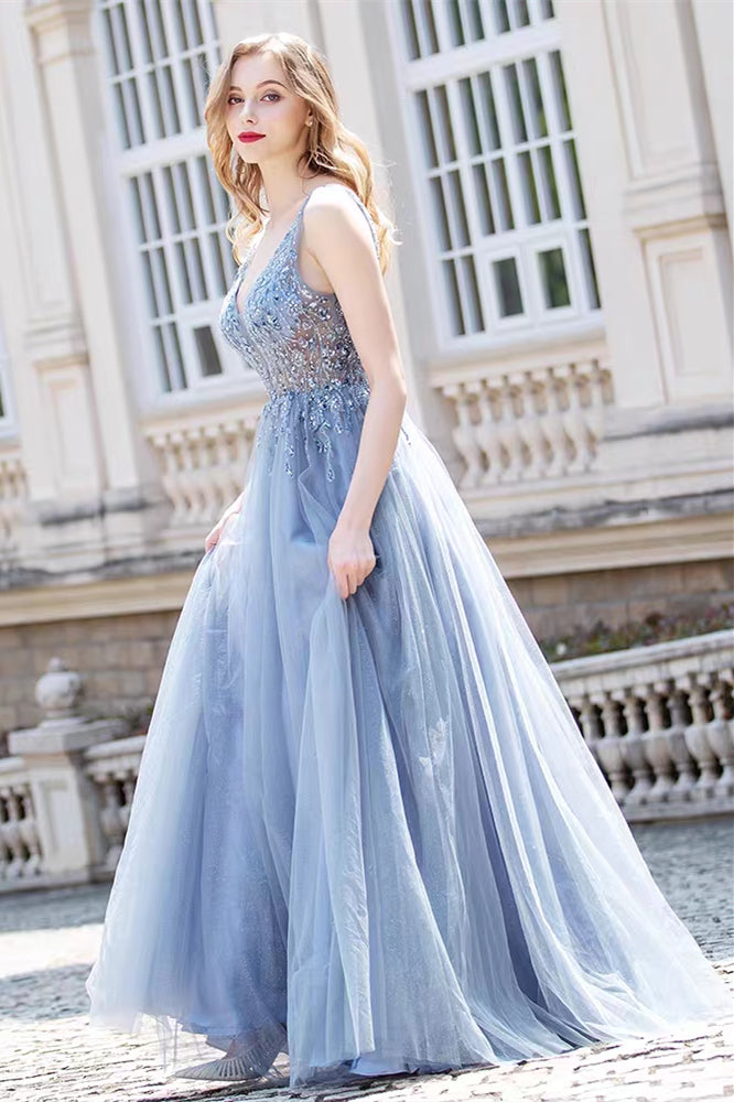 V-neck Dusty Blue Beaded Tulle Prom Dresses, A-line Prom Dresses, Newest Prom Dresses, Popular Prom Dresses, 2021 Prom Dresses, UB210
