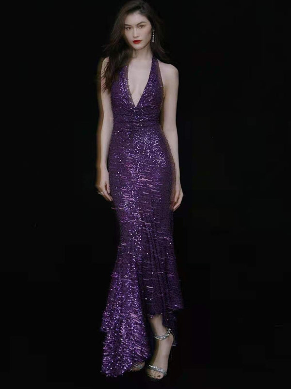 Deep V-neck Purple Sequin Mermaid Prom Dresses, Halter Long Prom Dresses, Sexy Long Prom Dresses, RC017