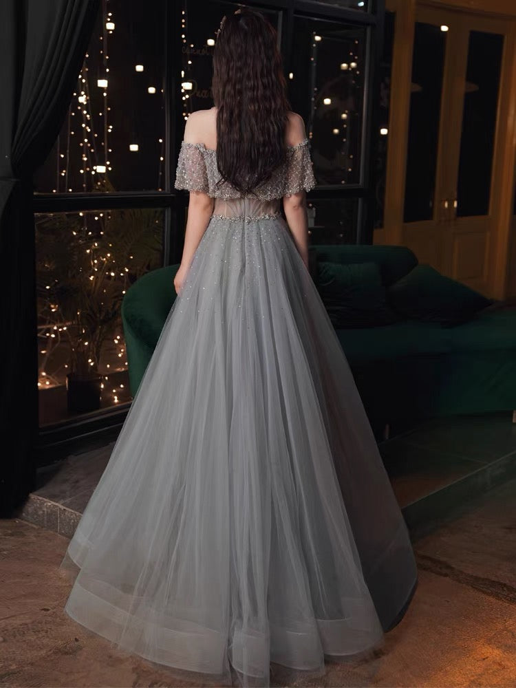 Gorgeous Beaded Long Prom Dresses, A-line Prom Dresses, Dusty Blue Tulle Prom Dresses, RC018