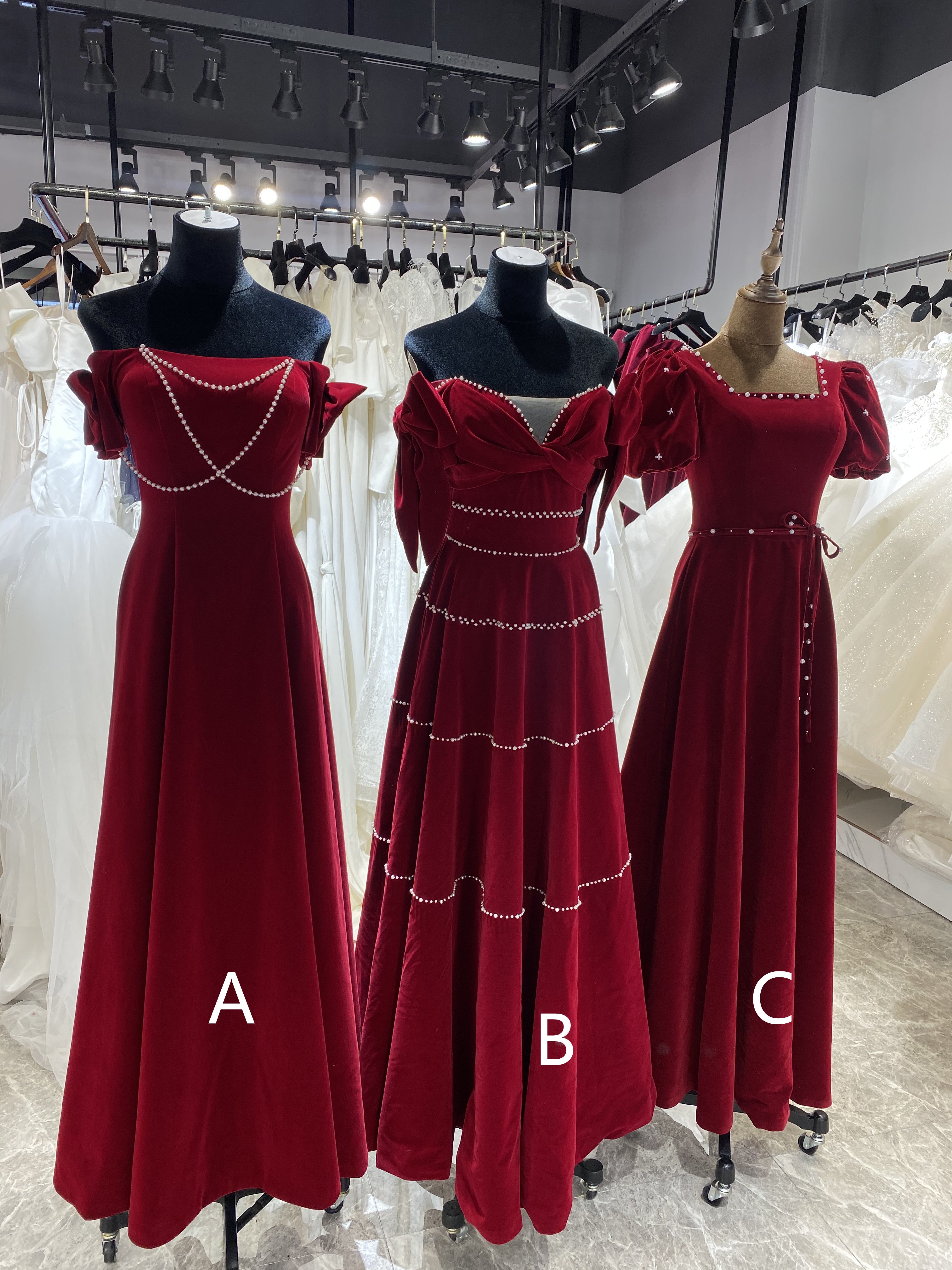 Burgundy Velvet Long Prom Dresses, Pearl Prom Dresses, A-line Prom Dresses, Formal Dresses, RC019
