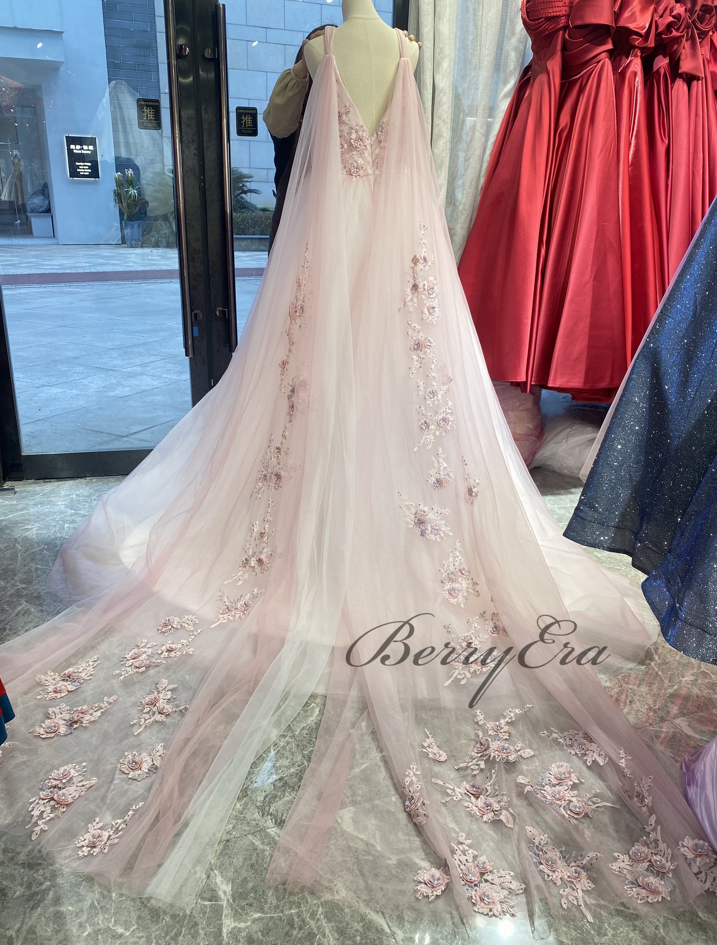 V-neck Long A-line Pale Pink Wedding Dresses, 2021 Wedding Dresses, Newest Bridal Gown