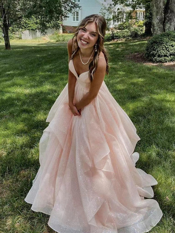 Pink Shiny Tulle A-line Long Prom Dresses, 2022 Newest Prom Dresses, Pink Wedding Dresses