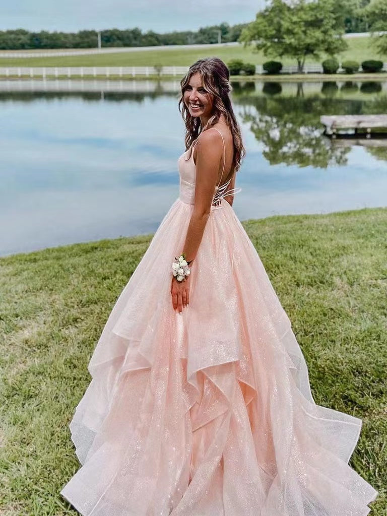 Pink Shiny Tulle A-line Long Prom Dresses, 2022 Newest Prom Dresses, Pink Wedding Dresses