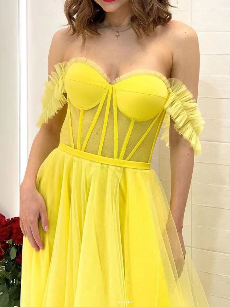Off The Shoulder Yellow Color Long Prom Dresses, A-line Prom Dresses, Tulle 2022 Newest Prom Dresses
