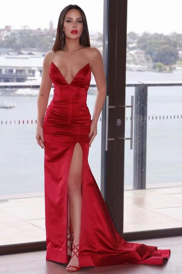 Deep V-neck Strapless Newest Prom Dresses, High Side Slit Party Dresses, Sexy 2022 Long Prom Dresses