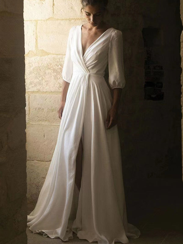 Mid Sleeves Simple 2022 Newest Wedding Dresses, V-neck Wedding Guest Dresses, Long Prom Dresses