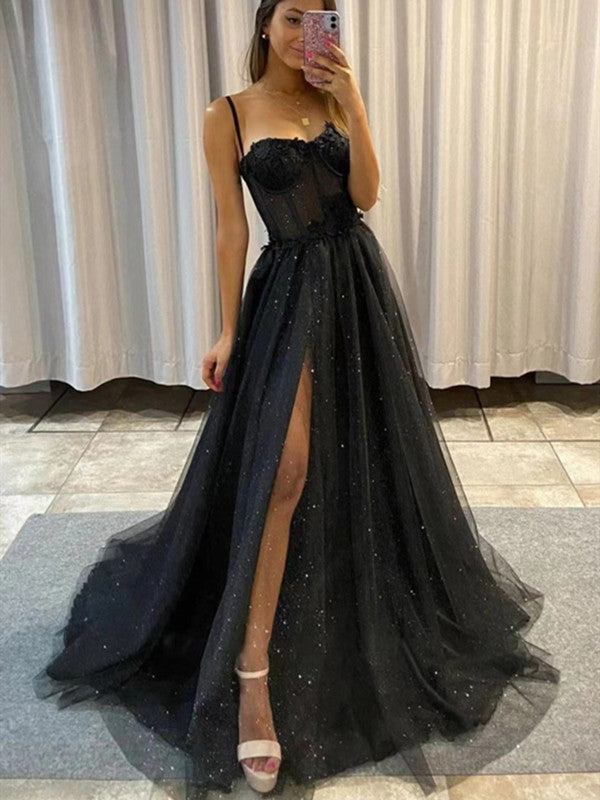 Spaghetti Straps A-line Black Long Prom Dresses, Glitter Newest 2022 Prom Dresses, Fashion Evening Party Dresses