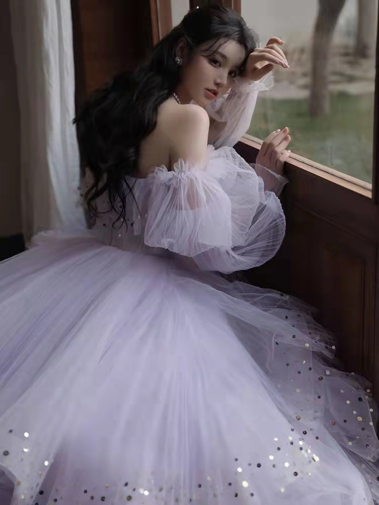 Lilac Bubble Sleeve Prom Dresses, Puffy Ruffled Beaded Prom Dresses, Princess Prom Dresses, Newest 2022 Prom Dresses, RC033
