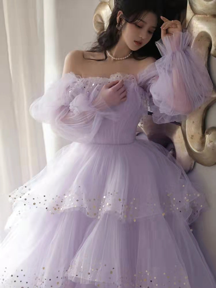 Lilac Bubble Sleeve Prom Dresses, Puffy Ruffled Beaded Prom Dresses, Princess Prom Dresses, Newest 2022 Prom Dresses, RC033