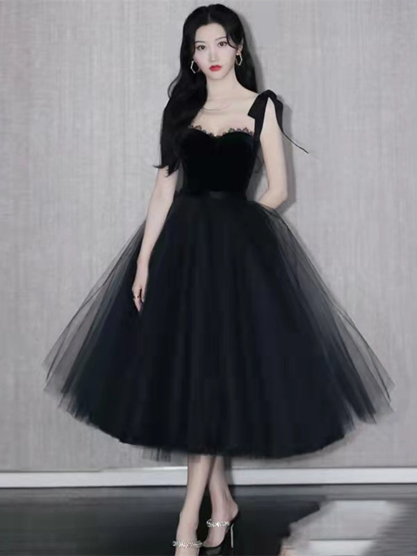 Black Velvet Vintage Prom Dresses, Little Black Dresses, Newest Prom Dresses, A-line Prom Dresses, RC032
