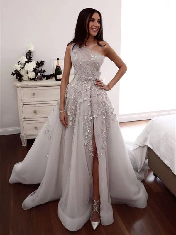 Elegant Lace Wedding Dresses, One Shoulder A-line Wedding Gowns, Newest Long Prom Dresses