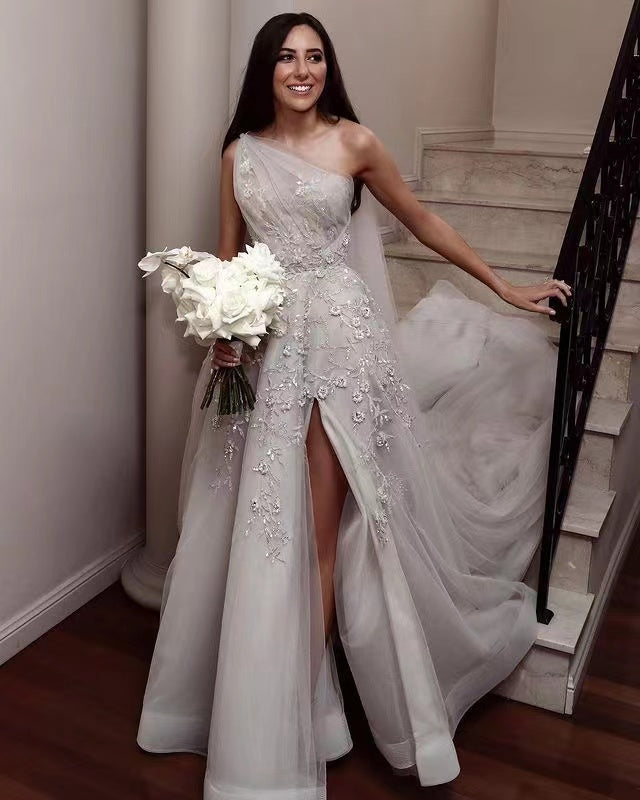Elegant Lace Wedding Dresses, One Shoulder A-line Wedding Gowns, Newest Long Prom Dresses