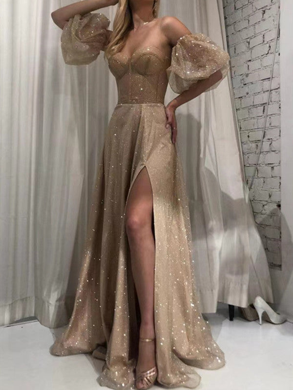 Detachable Sleeves Shiny Long Prom Dresses, Sweetheart 2022 Prom Dresses, Newest Party Dresses