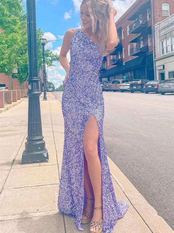 One Shoulder Stunning Lavender Sequins Long Prom Dress, 2022 Newest Prom Dresses, Side Slit Party Dresses