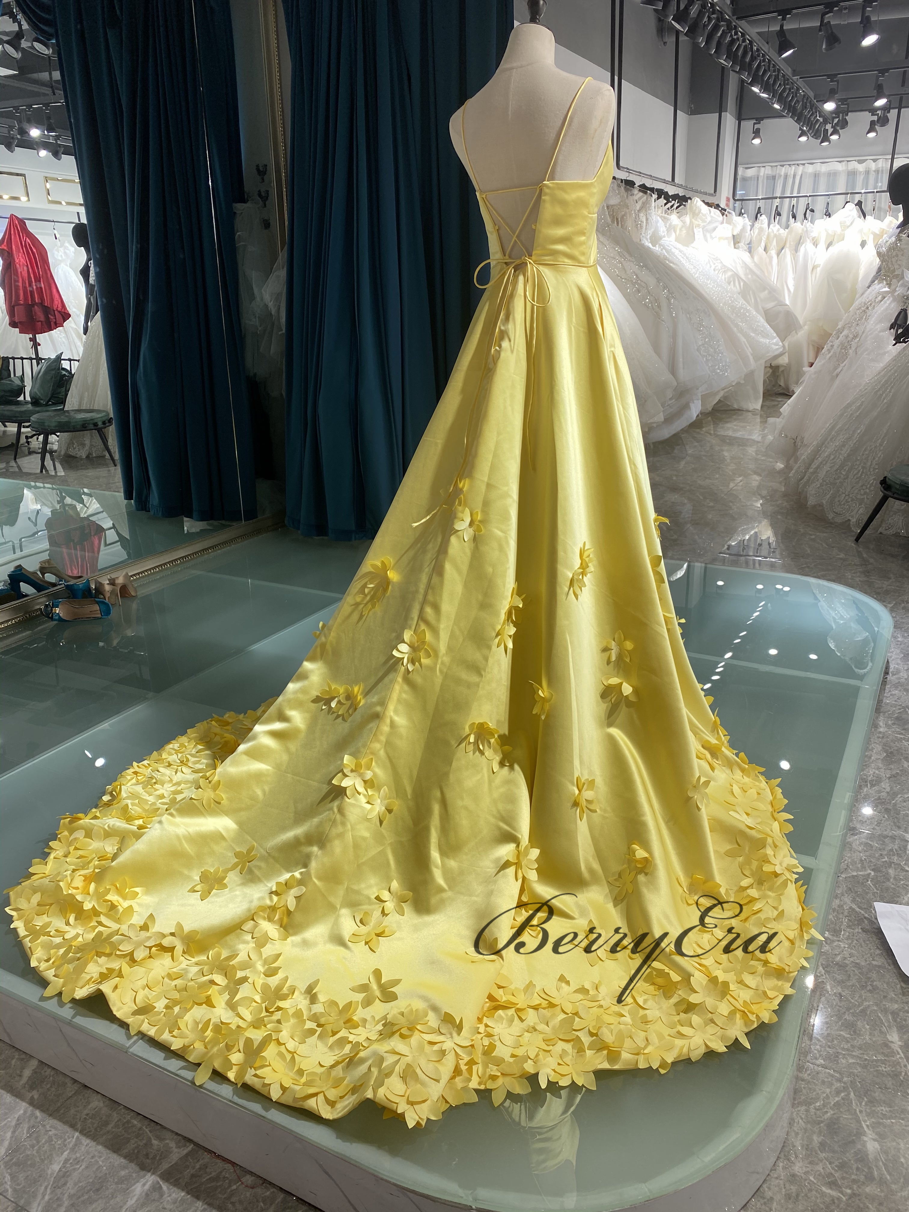 Spaghetti Long A-line Floral Prom Dresses, 3D Satin Flowers Prom Dresses, Popular 2022 Prom Dresses, RC034