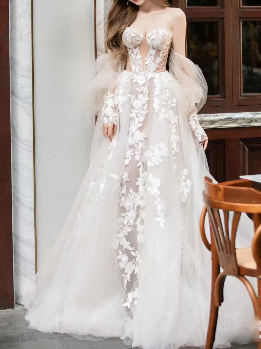 Elegant A-line Tulle Wedding Dresses, Lace Popular Bridal Gowns, Newest Wedding Guest Dresses