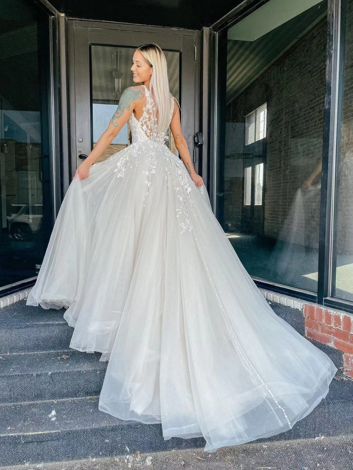 Elegant A-line Wedding Dresses, Lace Popular Design Bridal Gowns, V-neck Wedding Guest Dresses