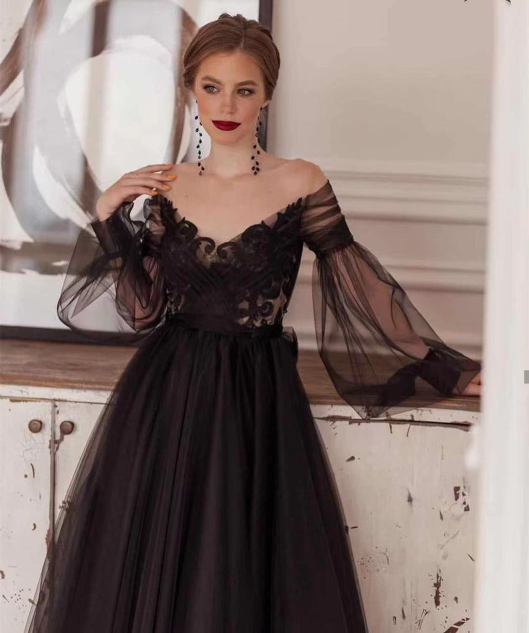 2022 Fashion Black Lace Long Prom Dresses, Long Sleeves Party Dresses, Ankle Length Black Wedding Dresses