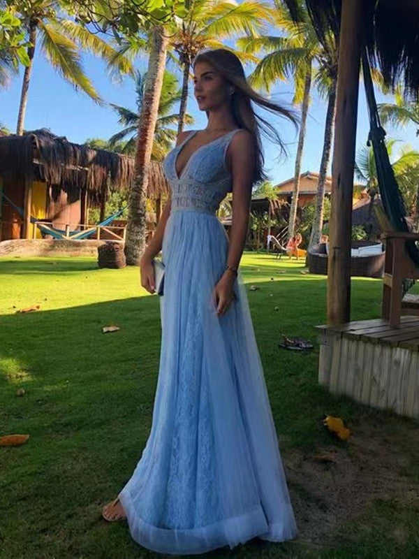 Deep V-neck Lace Newest Long Prom Dresses, A-line Prom Dresses, 2022 Girl Evening Party Dresses