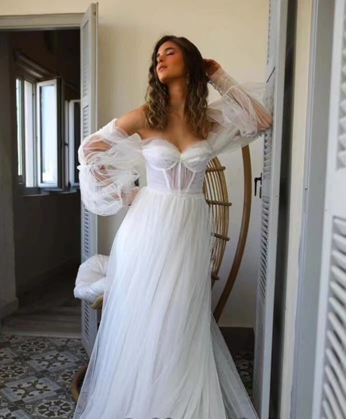 Long Sleeves Simple Wedding Dresses, A-line Tulle Wedding Dresses, 2022 Newest Long Prom Dresses
