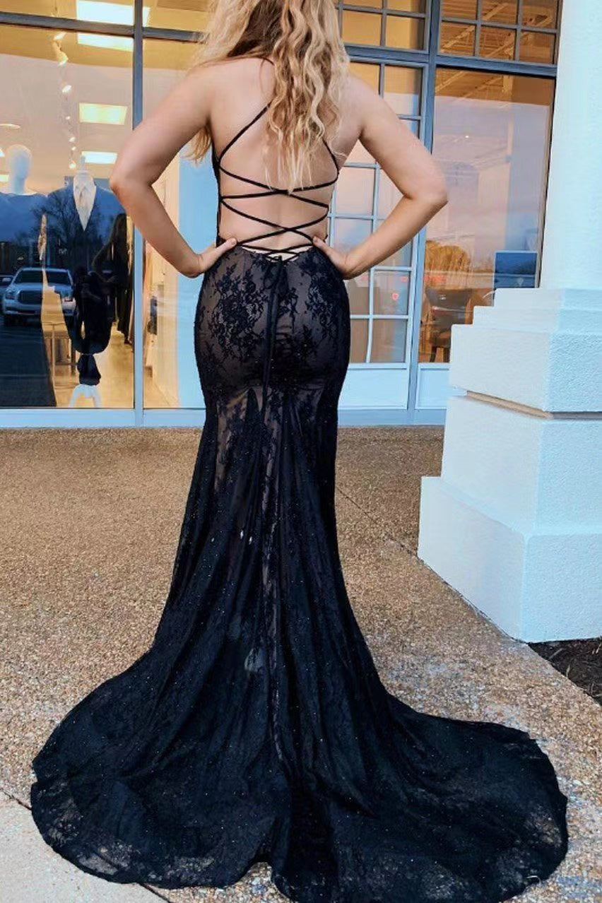 Spaghetti Straps Lace Long Prom Dresses, Popular Mermaid Design Evening Dresses, Newest 2022 Black Prom Dresses