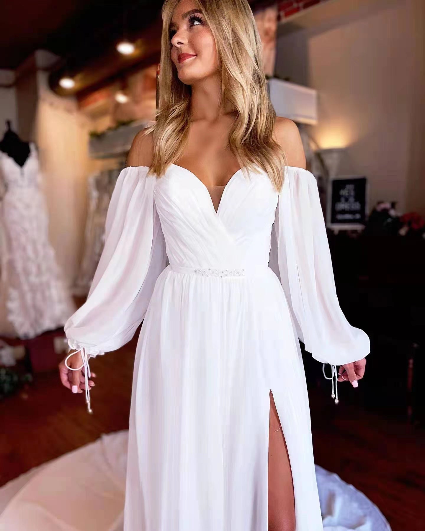 Off The Shoulder Long Sleeves Wedding Dresses, 2022 Simple Wedding Gowns, Newest Long Prom Dresses